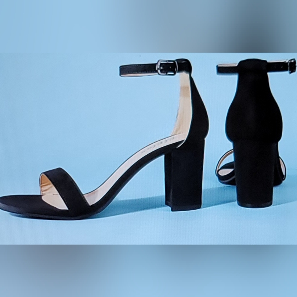 NIB CHUNKY BLOCK HEAL ANKLE STRAP FAUX SUEDE SANDAL SHOE SIZE 8 BLACK - Picture 4 of 12